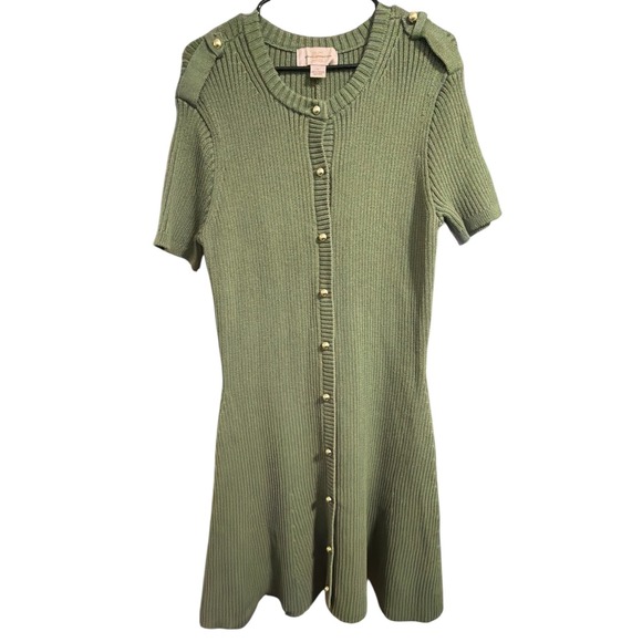 French Connection Green Ribbed Knit Button Front Short Sleeve Fit Flare Dress - Picture 2 of 3